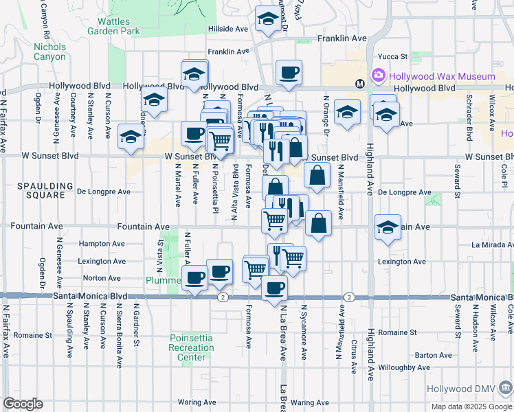 map of restaurants, bars, coffee shops, grocery stores, and more near 1338 North Formosa Avenue in Los Angeles