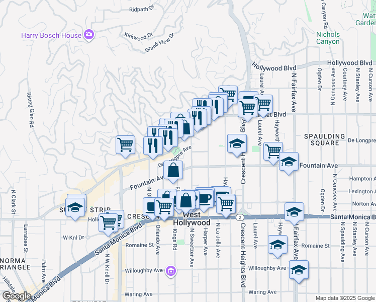 map of restaurants, bars, coffee shops, grocery stores, and more near 8340 De Longpre Avenue in West Hollywood