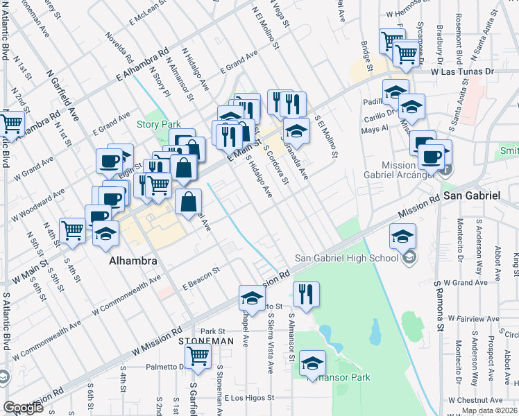 map of restaurants, bars, coffee shops, grocery stores, and more near 305 South Almansor Street in Alhambra