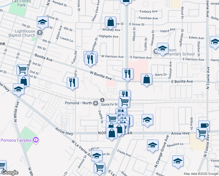 map of restaurants, bars, coffee shops, grocery stores, and more near 223 Aurora Lane in Pomona
