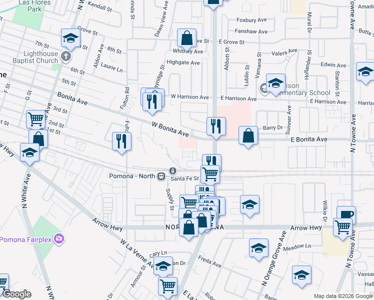 map of restaurants, bars, coffee shops, grocery stores, and more near 217 Aurora Lane in Pomona