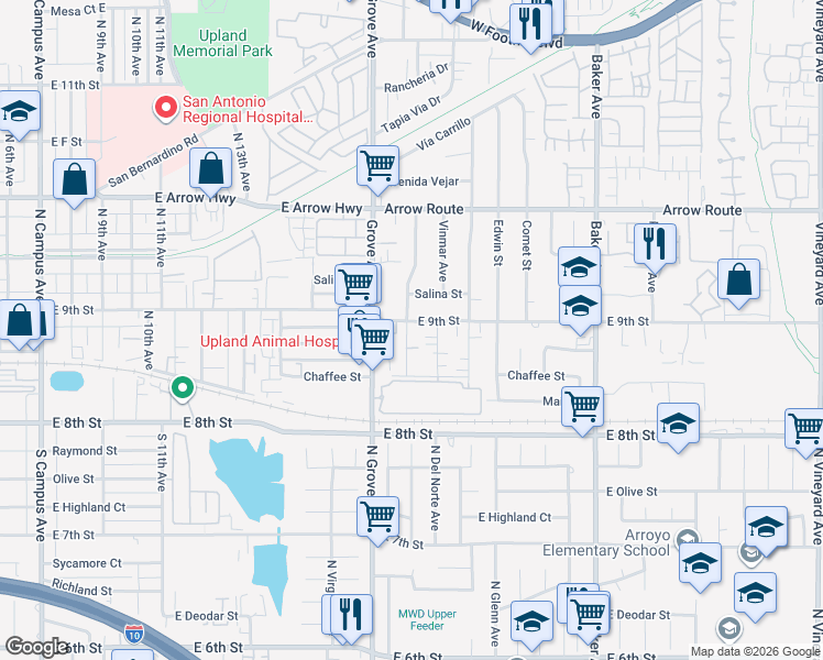map of restaurants, bars, coffee shops, grocery stores, and more near 8753 Calaveras Avenue in Rancho Cucamonga