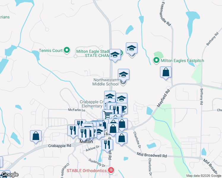 map of restaurants, bars, coffee shops, grocery stores, and more near 12905 Birmingham Highway in Milton