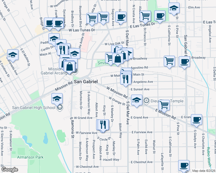 map of restaurants, bars, coffee shops, grocery stores, and more near 233 West Mission Road in San Gabriel