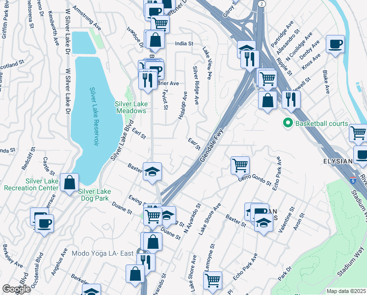 map of restaurants, bars, coffee shops, grocery stores, and more near 2315 Loma Vista Place in Los Angeles