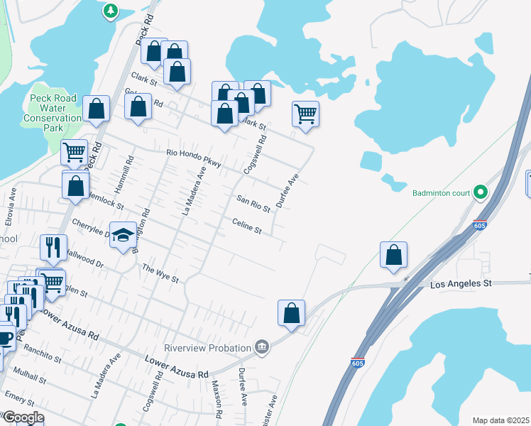 map of restaurants, bars, coffee shops, grocery stores, and more near 5325 Durfee Avenue in El Monte