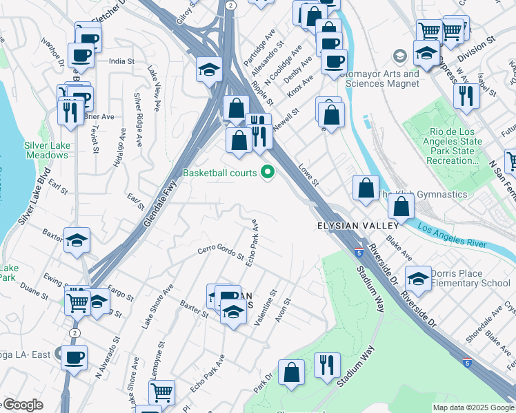map of restaurants, bars, coffee shops, grocery stores, and more near 1631 Landa Street in Los Angeles