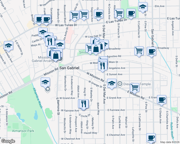 map of restaurants, bars, coffee shops, grocery stores, and more near 218 West Mission Road in San Gabriel