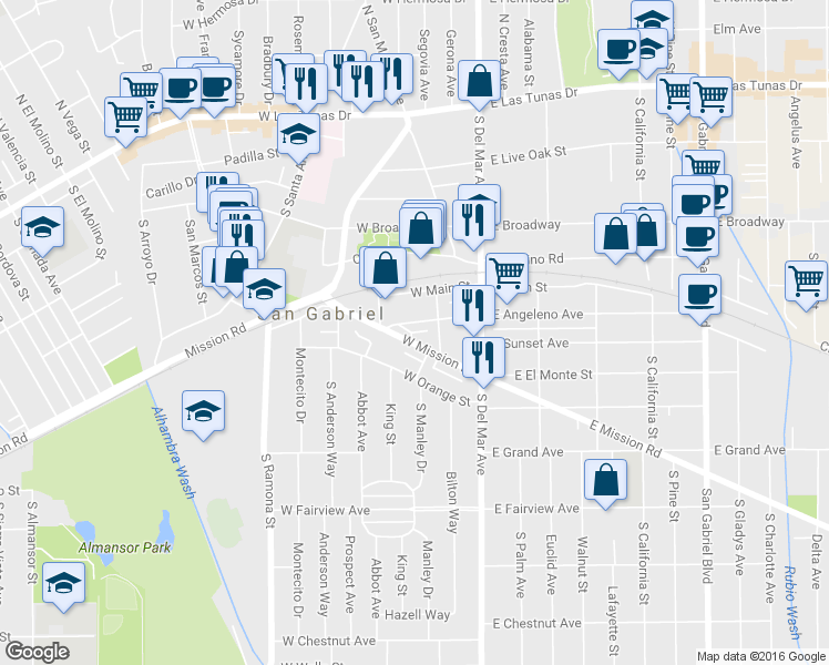 map of restaurants, bars, coffee shops, grocery stores, and more near 233 West Mission Road in San Gabriel