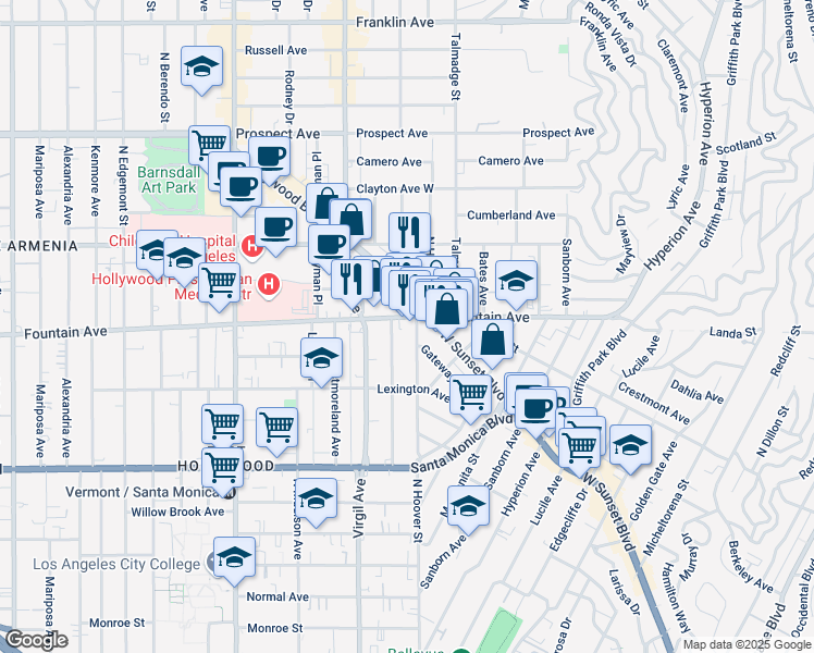map of restaurants, bars, coffee shops, grocery stores, and more near 1254 North Commonwealth Avenue in Los Angeles