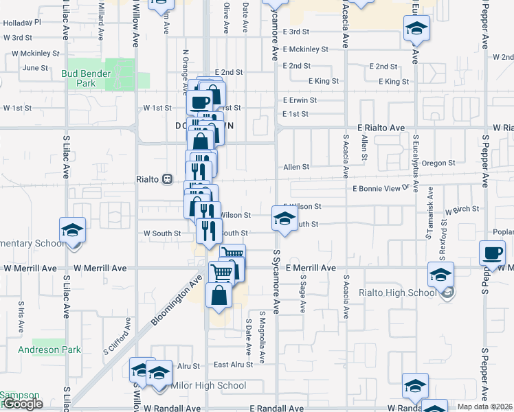 map of restaurants, bars, coffee shops, grocery stores, and more near 219 East Wilson Street in Rialto