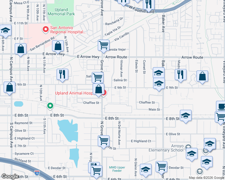 map of restaurants, bars, coffee shops, grocery stores, and more near 8753 Calaveras Avenue in Rancho Cucamonga