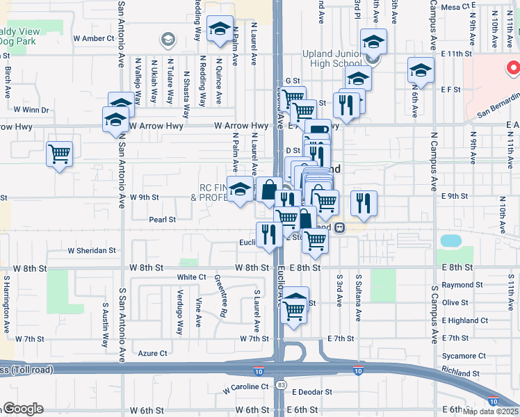map of restaurants, bars, coffee shops, grocery stores, and more near 88 West 9th Street in Upland