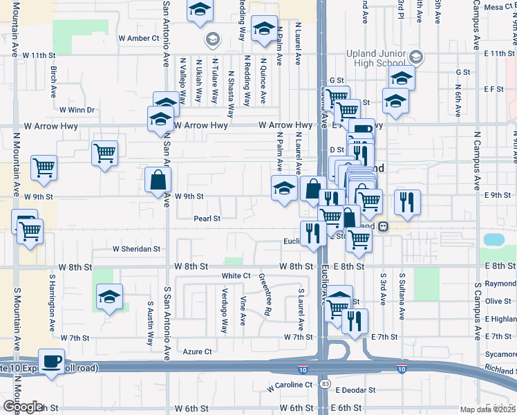 map of restaurants, bars, coffee shops, grocery stores, and more near 101 Wiseman Way in Upland