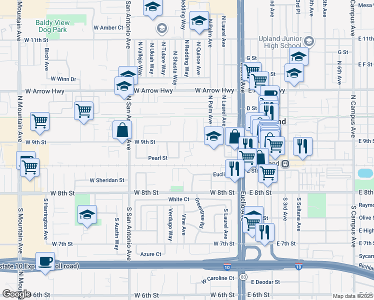 map of restaurants, bars, coffee shops, grocery stores, and more near 101 Wiseman Way in Upland