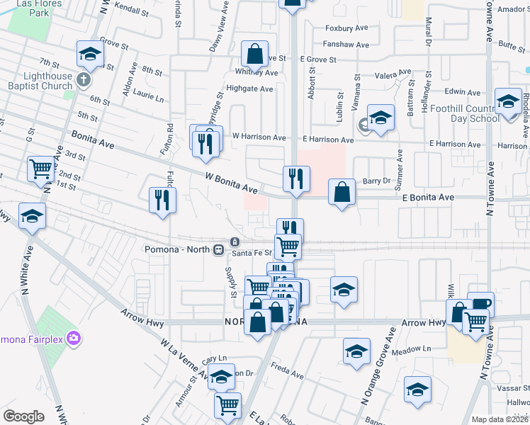 map of restaurants, bars, coffee shops, grocery stores, and more near 2707 North Garey Avenue in Pomona