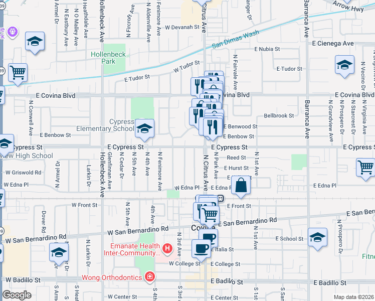 map of restaurants, bars, coffee shops, grocery stores, and more near 844 North Viceroy Avenue in Covina