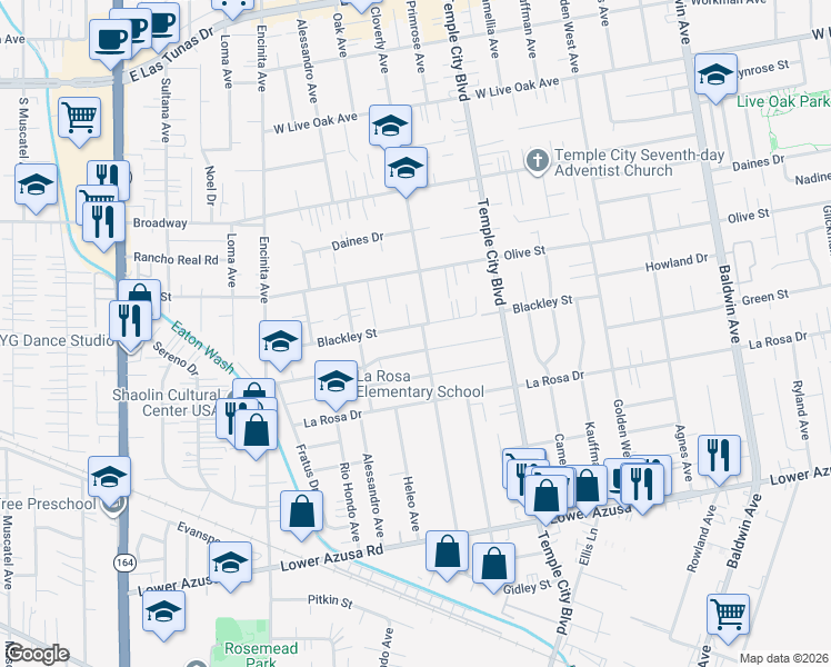 map of restaurants, bars, coffee shops, grocery stores, and more near 9465 Pentland Street in Temple City
