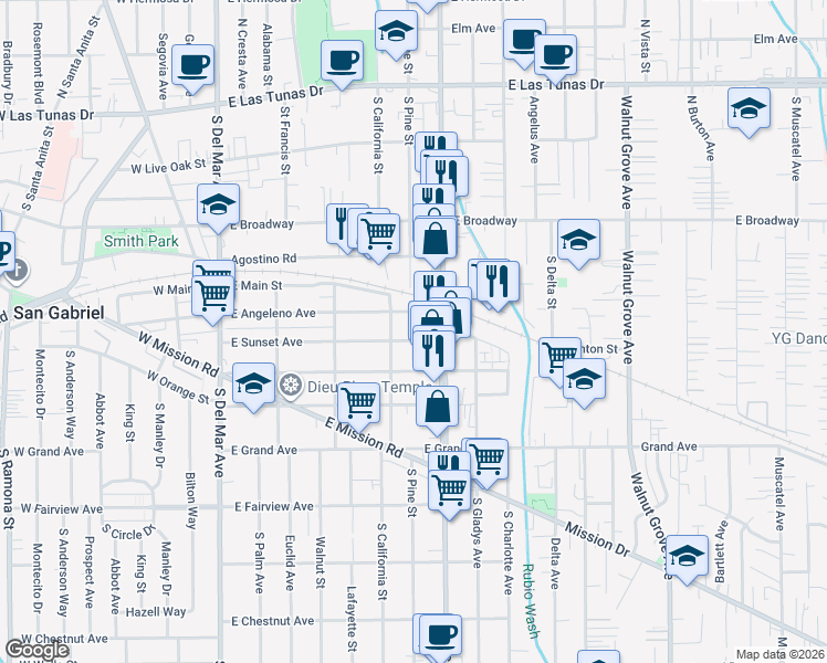 map of restaurants, bars, coffee shops, grocery stores, and more near 720 East Sunset Avenue in San Gabriel
