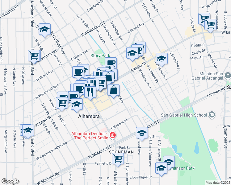 map of restaurants, bars, coffee shops, grocery stores, and more near 111 South Chapel Avenue in Alhambra