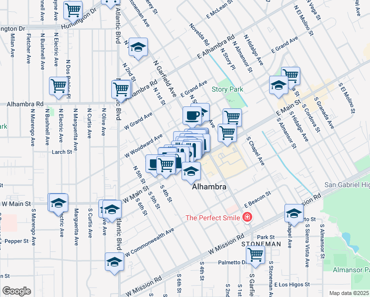 map of restaurants, bars, coffee shops, grocery stores, and more near 25 North 2nd Street in Alhambra