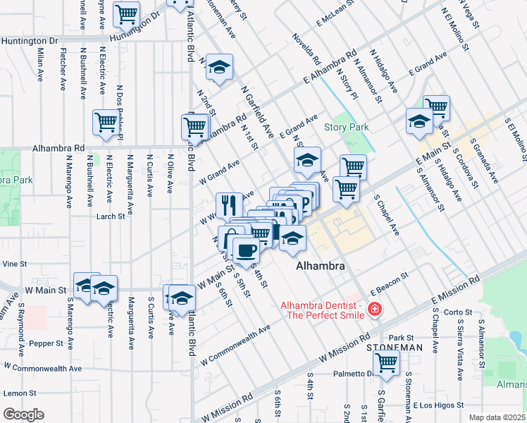 map of restaurants, bars, coffee shops, grocery stores, and more near 106 North 3rd Street in Alhambra