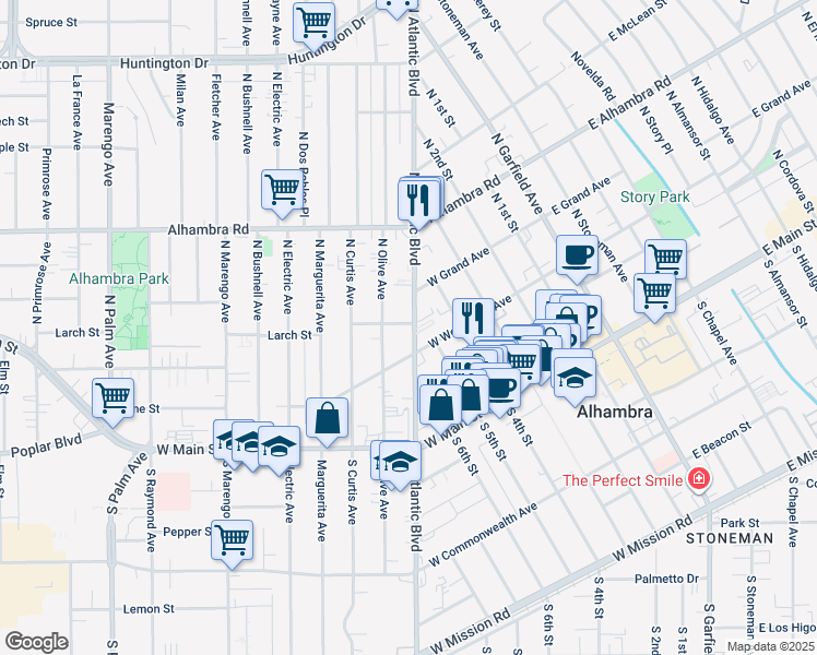 map of restaurants, bars, coffee shops, grocery stores, and more near 220 North Olive Avenue in Alhambra