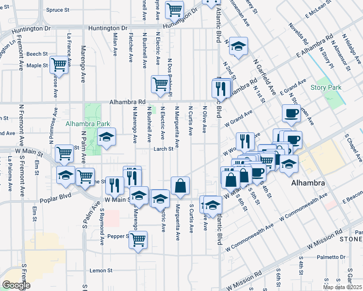 map of restaurants, bars, coffee shops, grocery stores, and more near 229a North Marguerita Avenue in Alhambra
