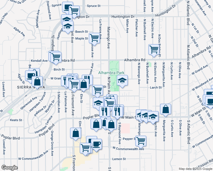 map of restaurants, bars, coffee shops, grocery stores, and more near 2216 Larch Street in Alhambra