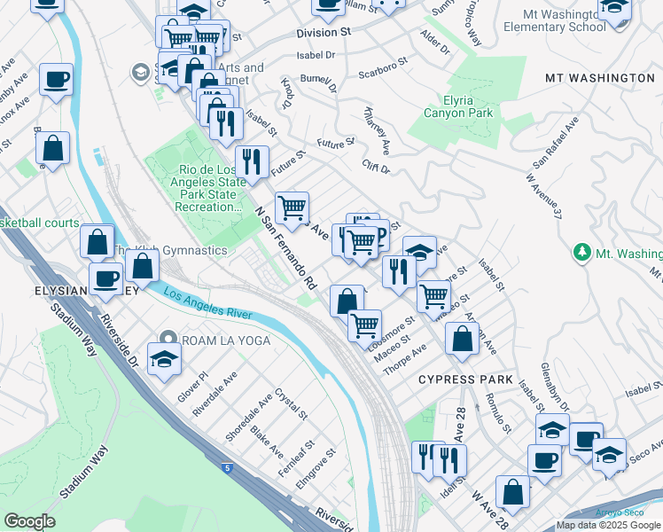 map of restaurants, bars, coffee shops, grocery stores, and more near 2625 Granada Street in Los Angeles