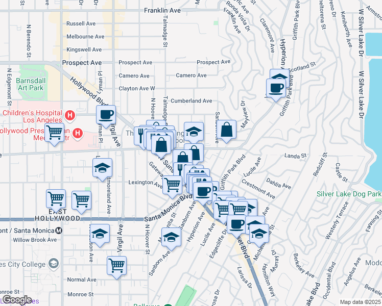 map of restaurants, bars, coffee shops, grocery stores, and more near 1200 Myra Avenue in Los Angeles