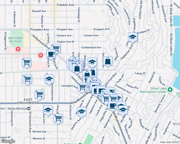 map of restaurants, bars, coffee shops, grocery stores, and more near 1200 Myra Avenue in Los Angeles