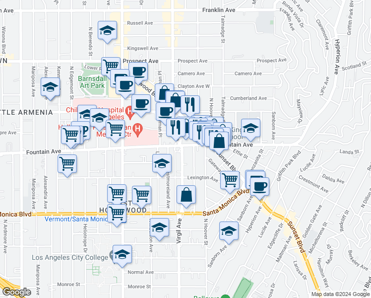map of restaurants, bars, coffee shops, grocery stores, and more near 1255 North Virgil Avenue in Los Angeles