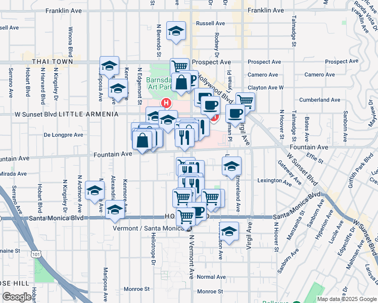 map of restaurants, bars, coffee shops, grocery stores, and more near 1260 North Vermont Avenue in Los Angeles