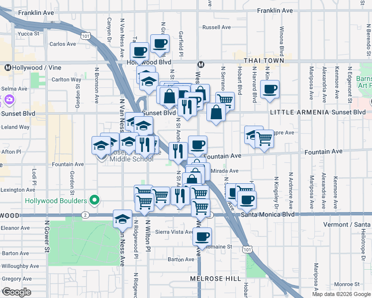 map of restaurants, bars, coffee shops, grocery stores, and more near 1265 North Saint Andrews Place in Los Angeles
