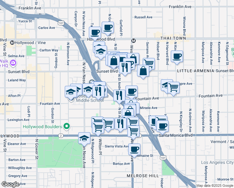 map of restaurants, bars, coffee shops, grocery stores, and more near 1265 North Saint Andrews Place in Los Angeles