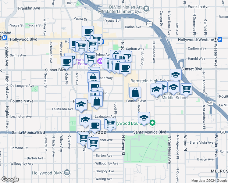 map of restaurants, bars, coffee shops, grocery stores, and more near in Los Angeles