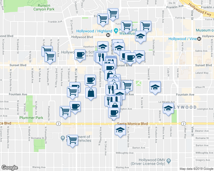 map of restaurants, bars, coffee shops, grocery stores, and more near 1322 North Citrus Avenue in Los Angeles