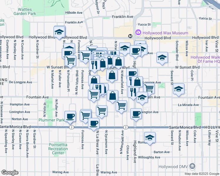 map of restaurants, bars, coffee shops, grocery stores, and more near 1320 North Sycamore Avenue in Los Angeles