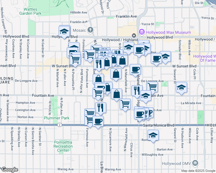 map of restaurants, bars, coffee shops, grocery stores, and more near 1320 North Sycamore Avenue in Los Angeles