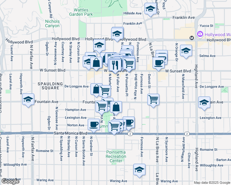 map of restaurants, bars, coffee shops, grocery stores, and more near 1323 North Fuller Avenue in Los Angeles