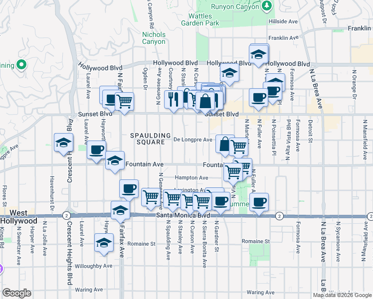 map of restaurants, bars, coffee shops, grocery stores, and more near 1317 North Stanley Avenue in Los Angeles