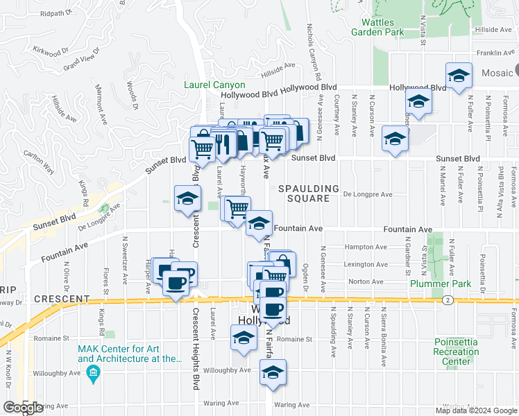 map of restaurants, bars, coffee shops, grocery stores, and more near 1319 North Fairfax Avenue in West Hollywood