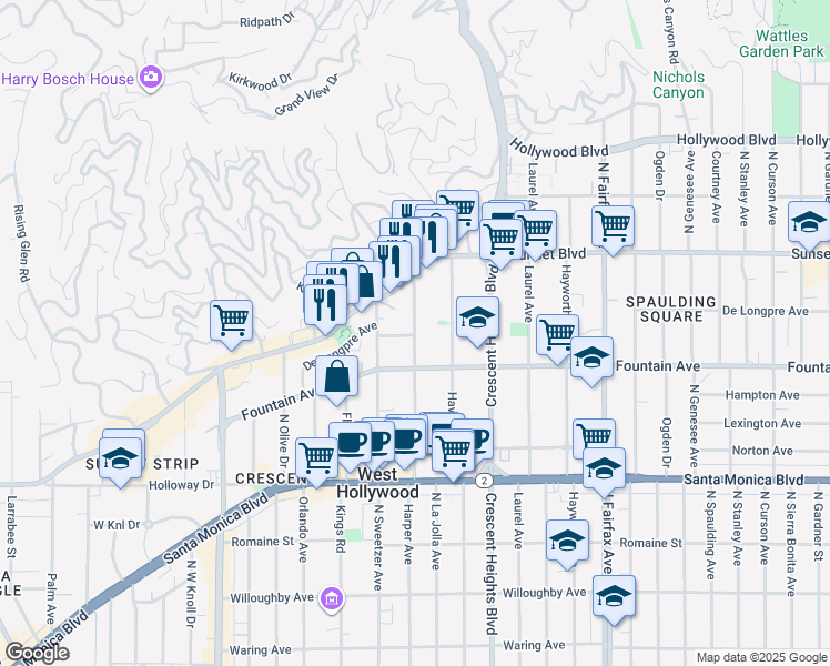 map of restaurants, bars, coffee shops, grocery stores, and more near 8277 Fountain Avenue in West Hollywood