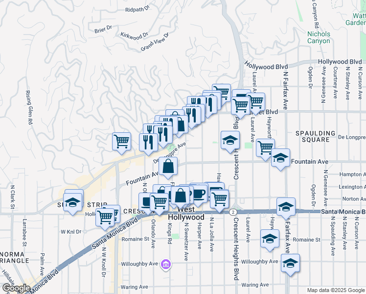 map of restaurants, bars, coffee shops, grocery stores, and more near 8340 De Longpre Avenue in West Hollywood
