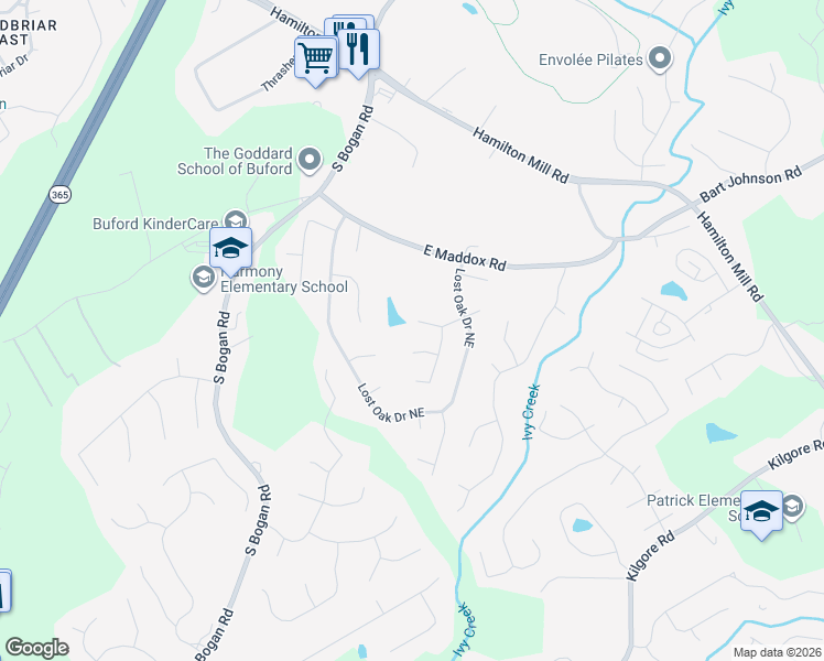 map of restaurants, bars, coffee shops, grocery stores, and more near 3913 Creek Rock Court in Buford