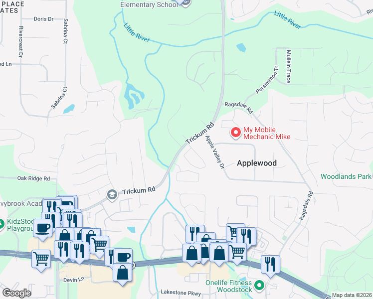 map of restaurants, bars, coffee shops, grocery stores, and more near 293 Regent Square in Woodstock