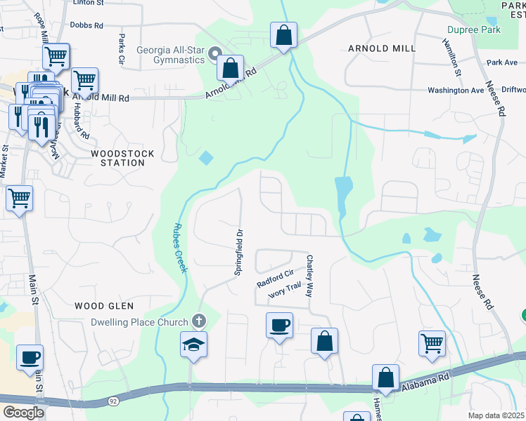 map of restaurants, bars, coffee shops, grocery stores, and more near 531 Rokeby Drive in Woodstock