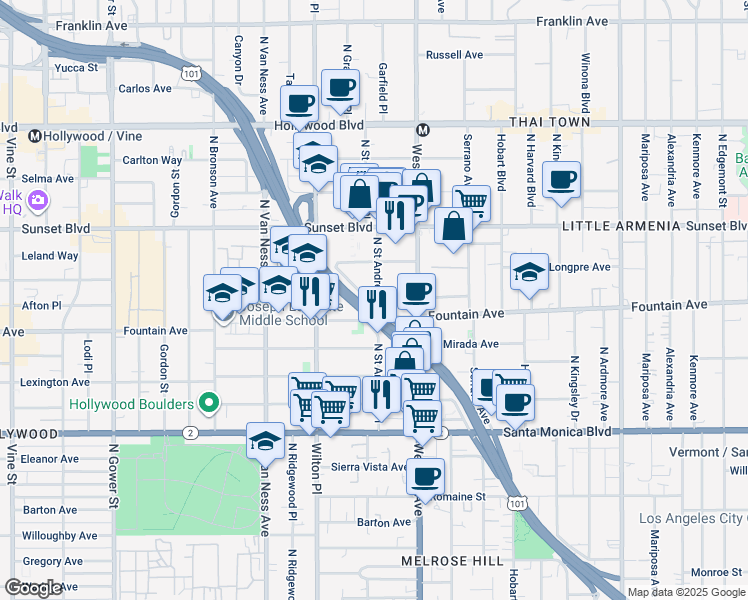 map of restaurants, bars, coffee shops, grocery stores, and more near 5600 Fernwood Avenue in Los Angeles