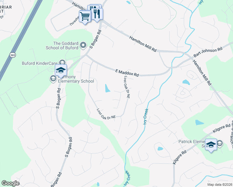 map of restaurants, bars, coffee shops, grocery stores, and more near 4070 Lost Mill Lane in Buford